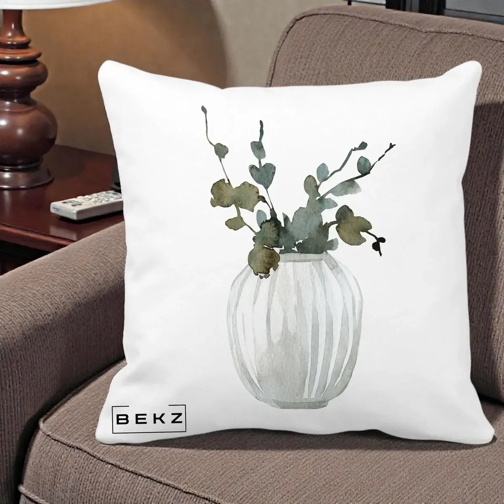 Perna decorativa cu flori: Vaza cu Eucalipt Watercolor, 40x40 cm cu Umplutura, Alb Mat, BEKZ