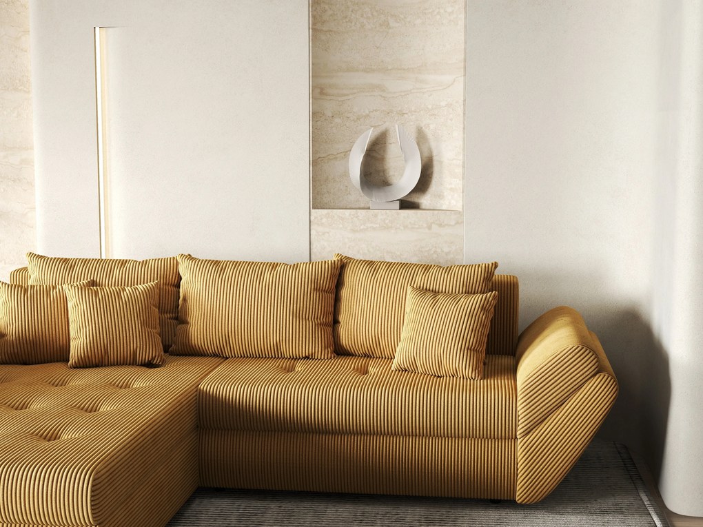 Colțar extensibil dumonde cu ladă de depozitare si sezut confortabil din spuma high-density, Loana Zoom Mustar 270x185 cm