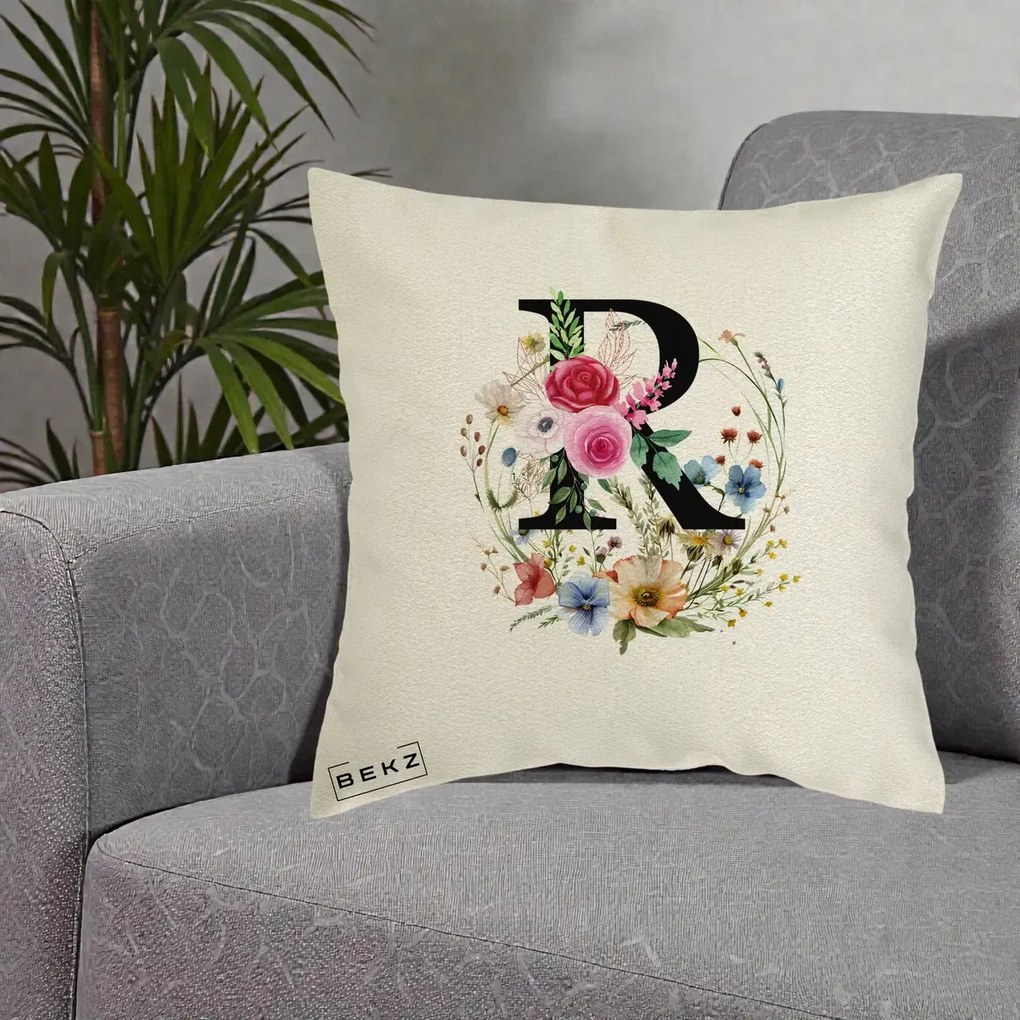 Cadou Personalizat - Perna Personalizata Monogram Litera R cu Flori Acuarela, 40x40 cm, Ecru, Husa Detasabila, Perna Inclusa, BEKZ®