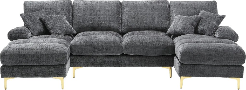 Canapea modulară mare, modernă, în formă de U, din chenille, cu dublu șezlong rabatabil, Gri