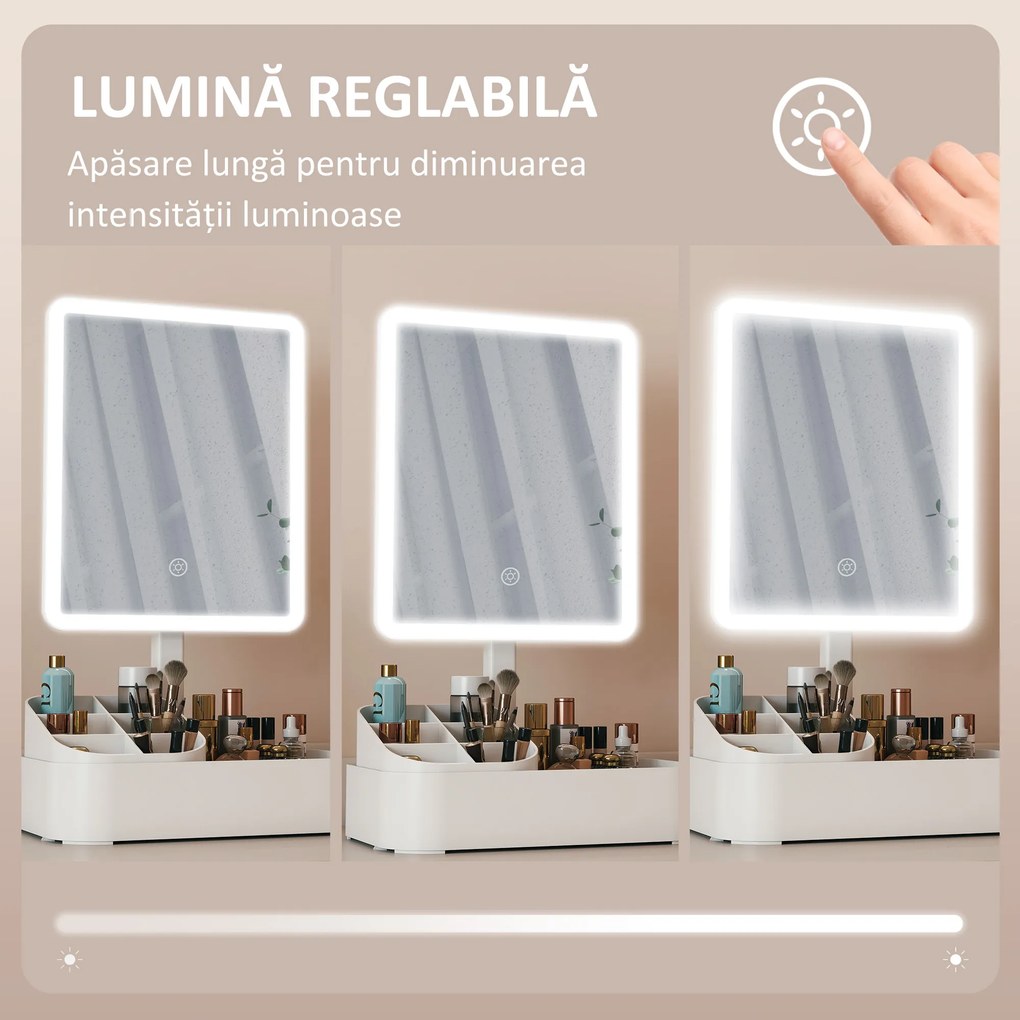 HOMCOM Oglindă Machiaj cu LED-uri, Oglindă Vanity Reîncărcabilă cu Ecran Touch, 2 Moduri de Iluminare și Rotire 180°, Alb | Aosom Romania