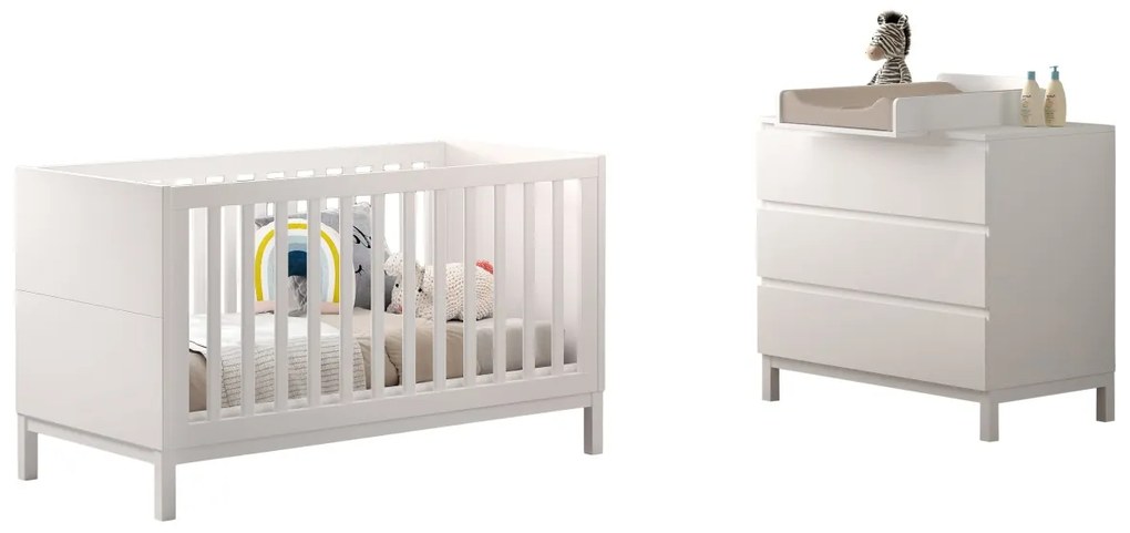 Set Mobilier Cameră Copii EVA: Pătuț Transformabil 70x140 cm, Comodă cu 3 Sertare și Masă de Înfășat, Alb – Vipack