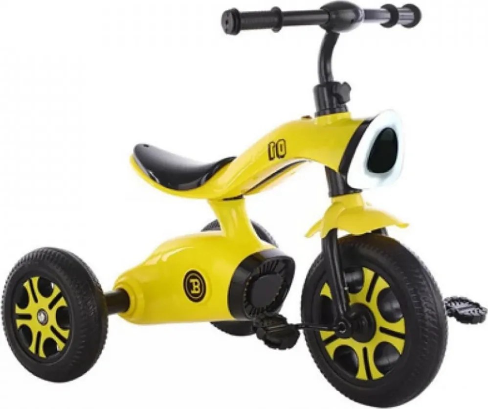 Tricicleta cu pedale NOVOKIDS™ Space Trike, Cu melodii si lumini, Max 30 kg, Roti din spuma cauciucata EVA, Cadru metalic, Model motocicleta, Galben