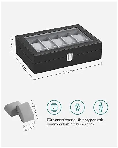 Cutie de ceasuri, Songmics, 20.2 x 30.2 x 7.8 cm, JWB12BK, Gri