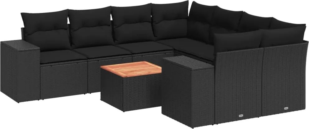 vidaXL Set mobilier de grădină cu perne, 9 piese, negru, poliratan