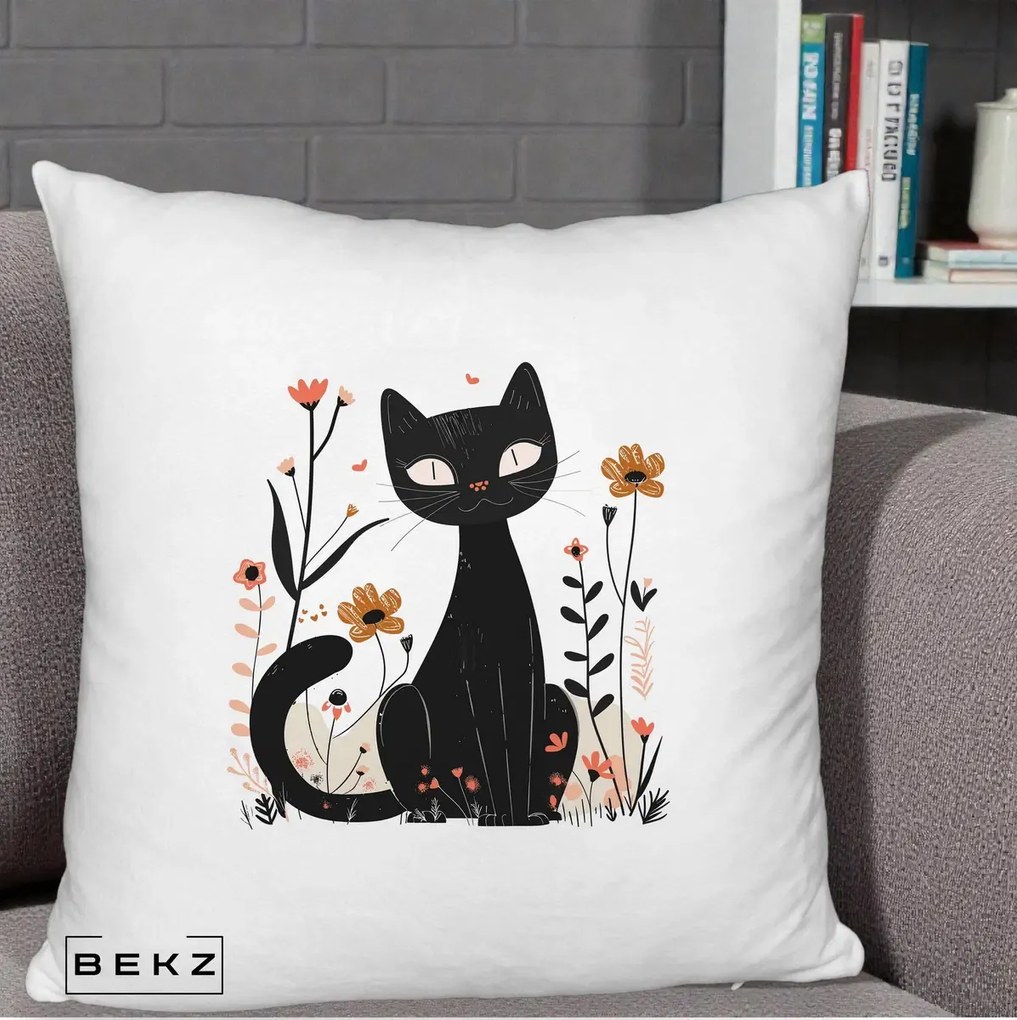 Perna Decorativa Pisica Neagra Flori Pastel Folk, 40x40 cm, Alb Pufos, Husa Detasabila, Perna Inclusa, BEKZ®