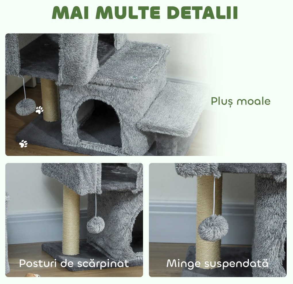 PawHut Scara pentru Pisici cu 4 Trepte Reglabile, 2 Căsuțe și Stâlp pentru Zgâriat Gri | Aosom Romania