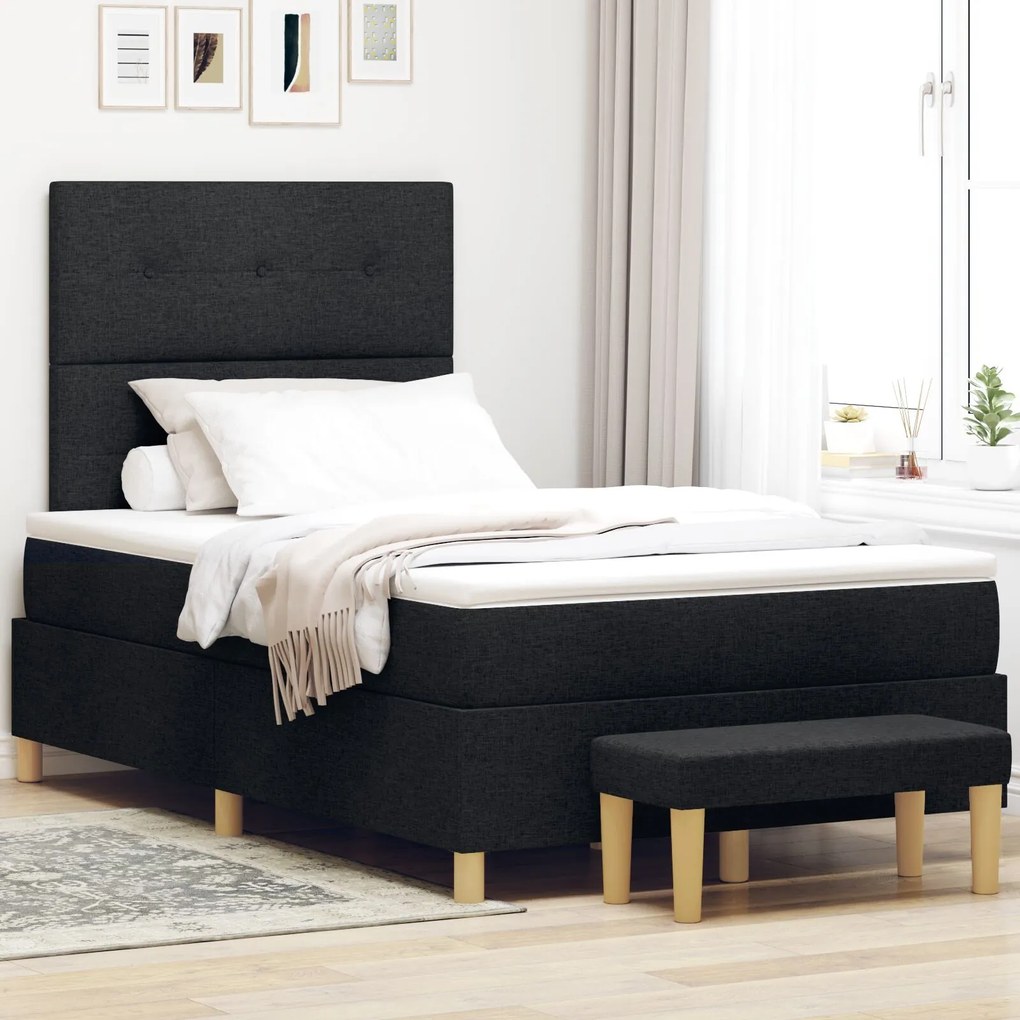 Pat Box Spring vidaXL cu saltea și băncuță Negru 120x200 cm Țesătură