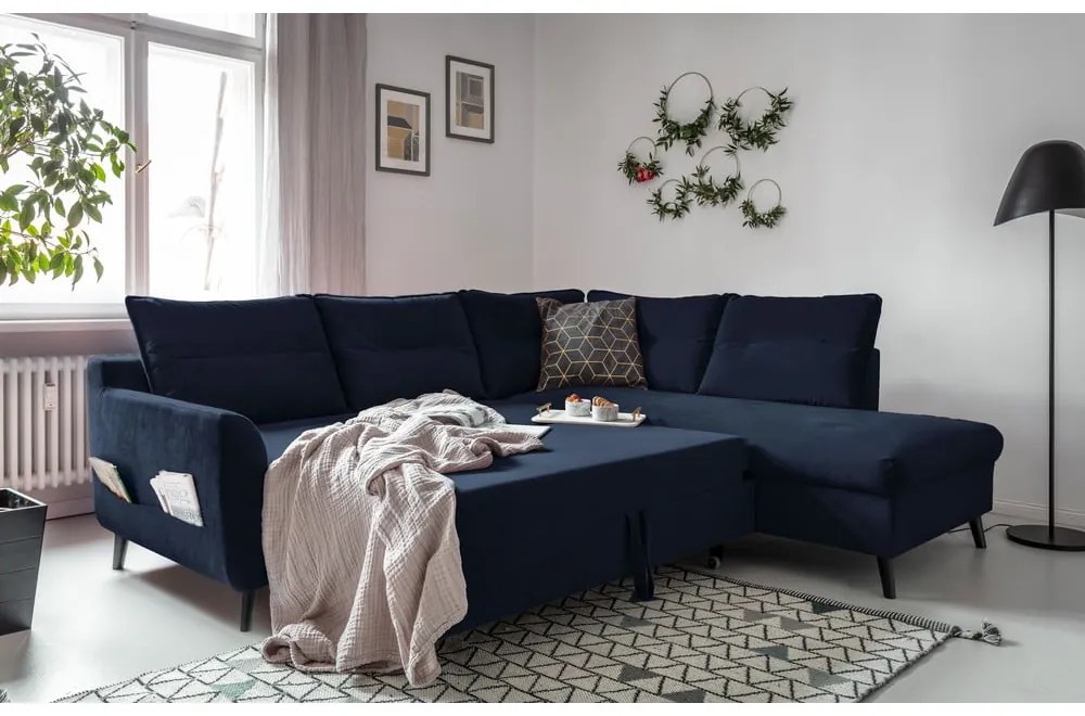 Colțar extensibil din catifea cu șezlong pe partea dreaptă Miuform Stylish Stan L, albastru deschis