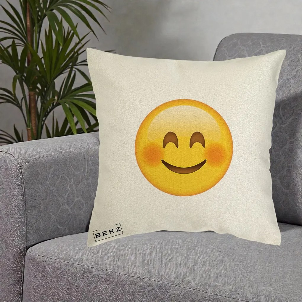 Perna Decorativa Emoji Fericit Roscat, 40x40 cm, Ecru, Husa Detasabila, Perna Inclusa, BEKZ®