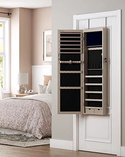 Dulap bijuterii suspendat cu oglinda, MDF melaminat / catifea, stejar, Songmics