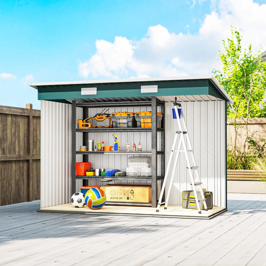 Outsunny Căsuță de Grădină 3,18m² din Oțel Zincat cu 2 Guri de Aerisire, Depozit pentru Unelte cu Uși Duble Culisante, Acoperiș Înclinat, 272x134x182 cm, Verde Întunecat | Aosom Romania
