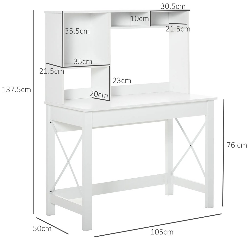 HOMCOM Birou cu depozitare birou bibliotecă birou din lemn modern cu rafturi și blat mare pentru spații mici birou acasă dormitor, 105 x 50 x 137,5 cm, alb | Aosom Romania