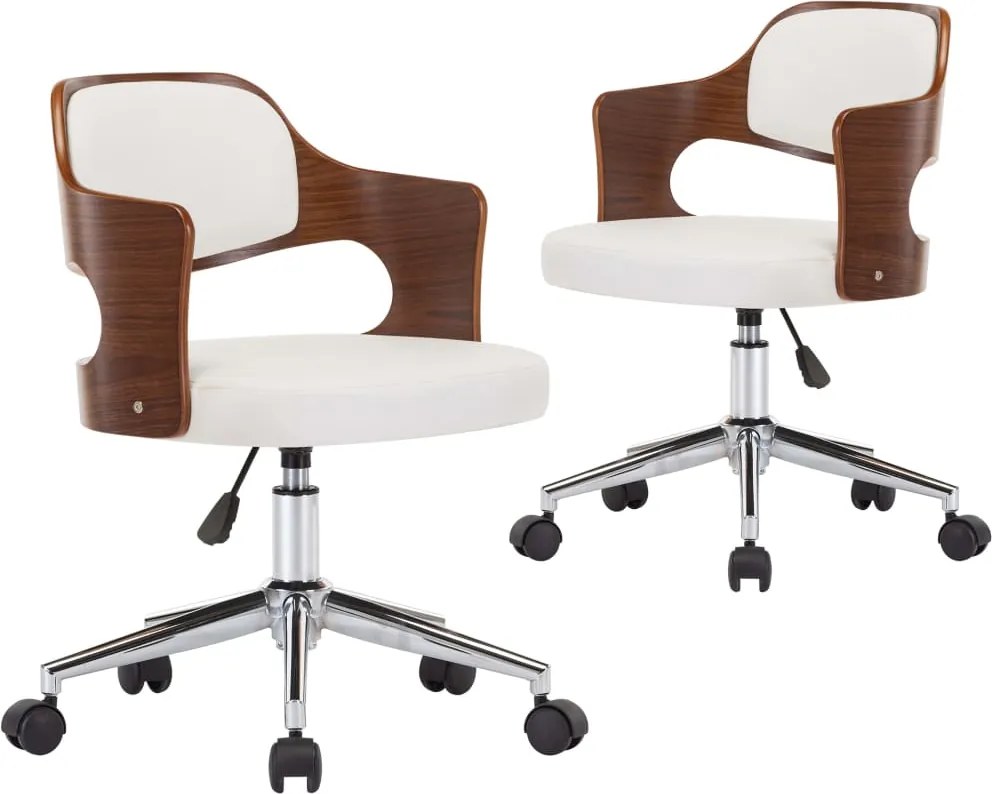 vidaXL Scaune pivotante, 2 buc. alb, lemn curbat & piele ecologică