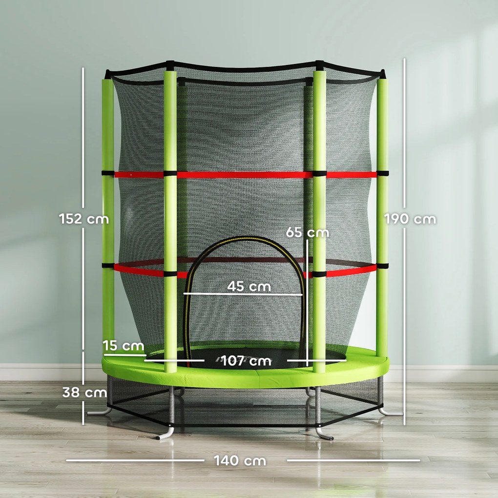 HOMCOM Saltea Elastică pentru Copii 3-6 Ani cu Plasă de Protecție, 6 Stâlpi și 3 Intrări, Ø140x190 cm, Verde | Aosom Romania