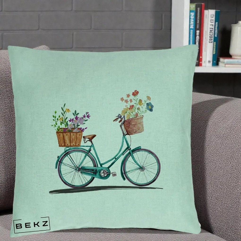 Perna Decorativa Bicicleta Florala Turcoaz Acuarela, 40x40 cm, Verde Menta, Husa Detasabila, Perna Inclusa, BEKZ®