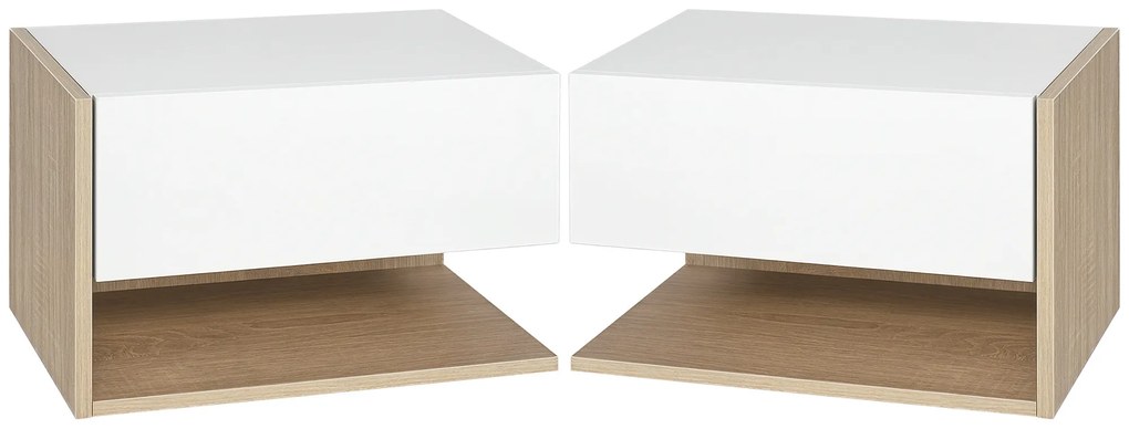 HOMCOM Set de 2 Noptiere murale - Set de 2 Noptiere - Sertar Glisant, Raft, Bicolor Aspect stejar Alb | Aosom Romania