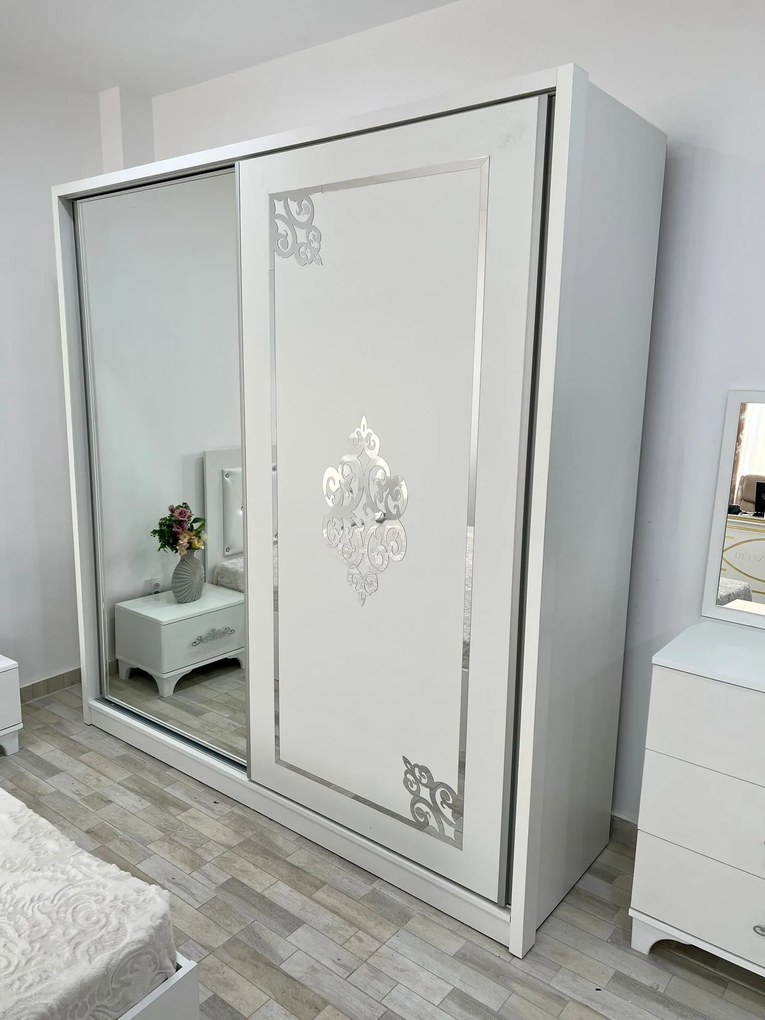 Dormitor Milano, culoare alb, cu pat tapitat 160 x 200 cm, dulap cu 2 usi, comoda cu oglinda, 2 noptiere