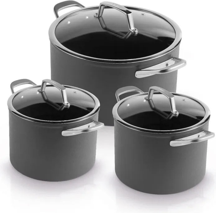 Set oale cu capac Ninja ZeroStick C33300DE, 6 piese, Pana la 260°C, Acoperire antiaderenta, Fara PFAS, Capac sticla, Inductie, Negru