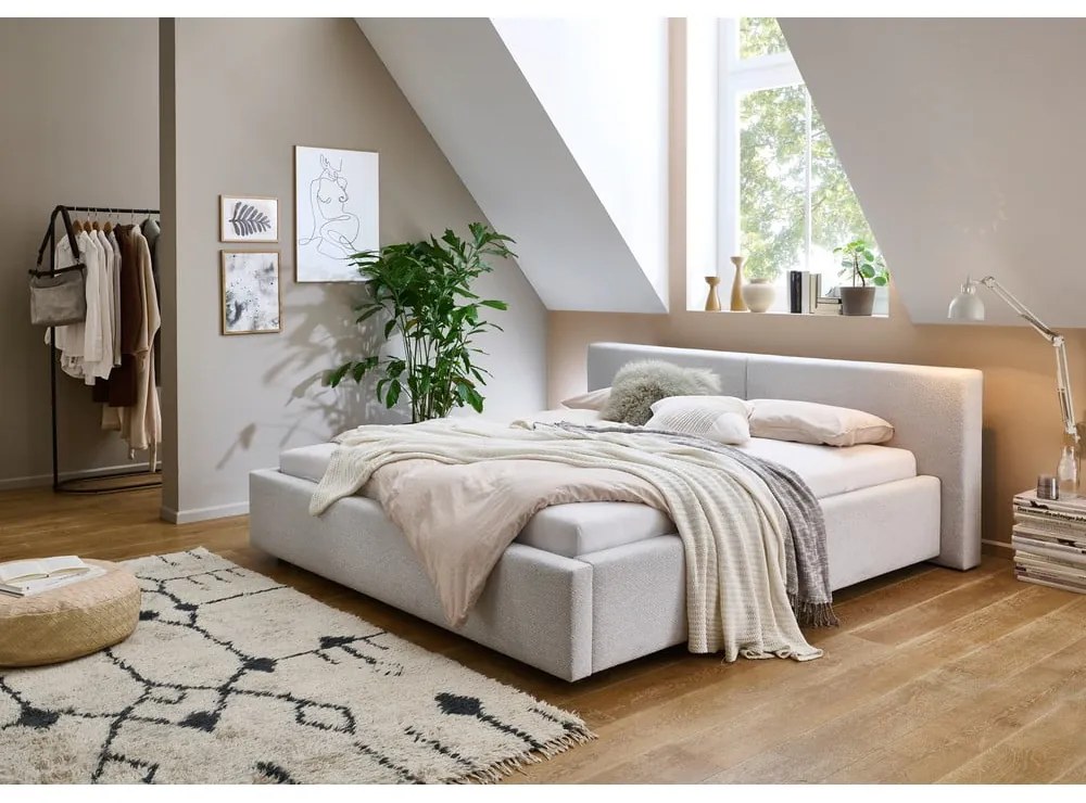 Pat matrimonial gri deschis tapițat cu spațiu de depozitare cu somieră 180x200 cm Cube – Meise Möbel