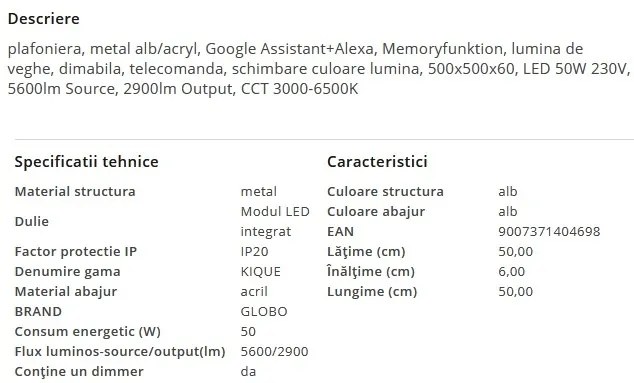 Plafoniera LED dimabila cu telecomanda KIQUE 50W