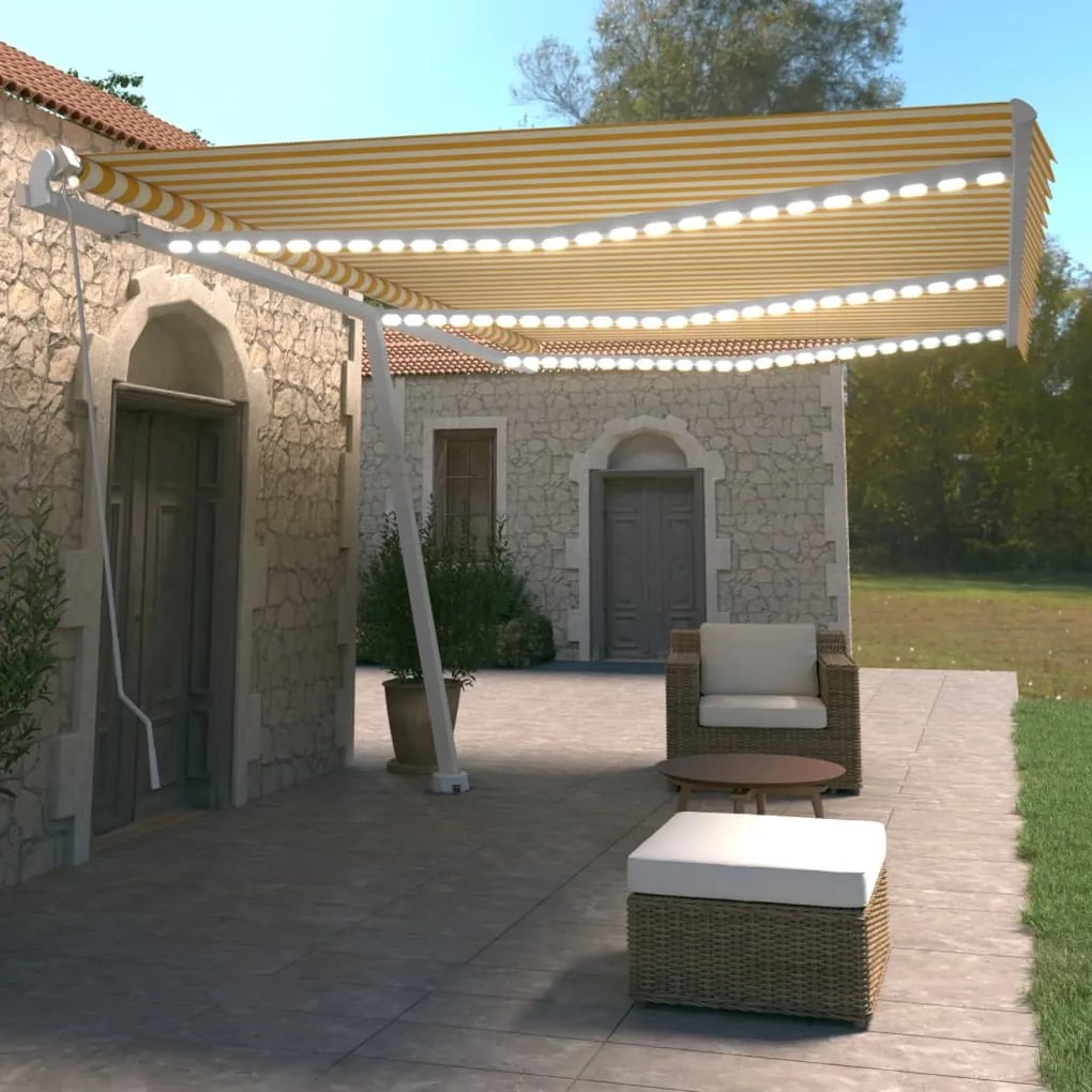 vidaXL Copertină retractabilă manual cu LED, galben și alb, 600x350 cm