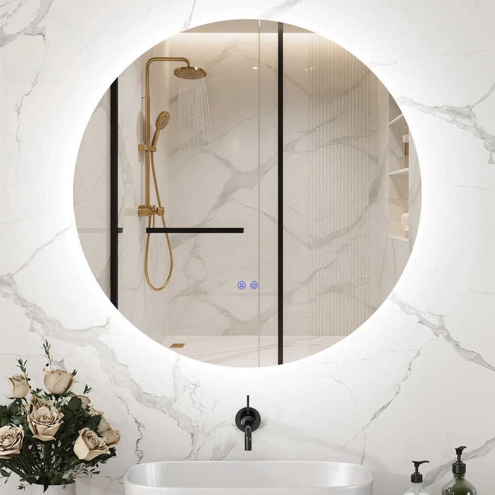 Kleankin Oglinda de Baie Rotunda cu Lumina LED in 3 Culori si intrerupatoare Touch, Ø70x3.5 cm, Transparent | Aosom Romania