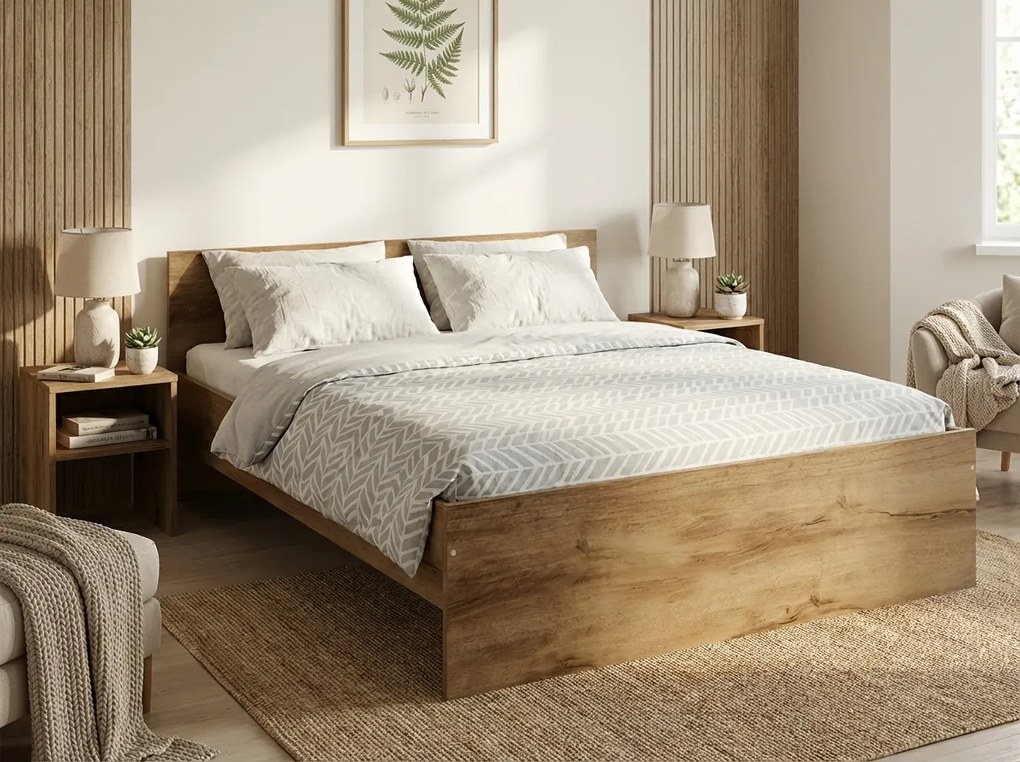 Pat ELISA 140 x 200 cm, stejar artisan Saltele: Cu saltele Coco Maxi 20 cm, Somiera pat: Cu lamele curbate