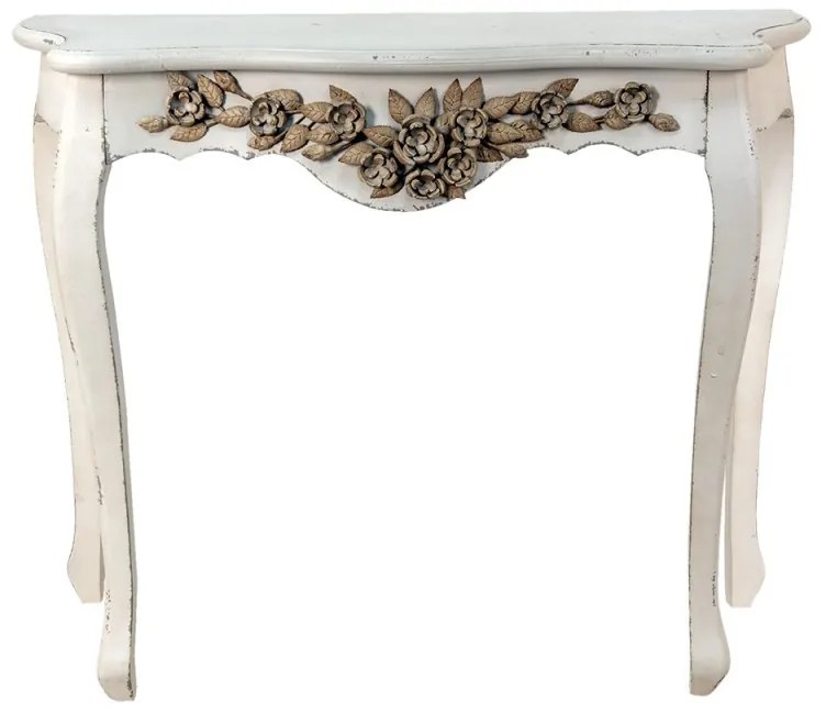 Consola alba, cu model floral, din lemn, aspect vintage, Floravie
