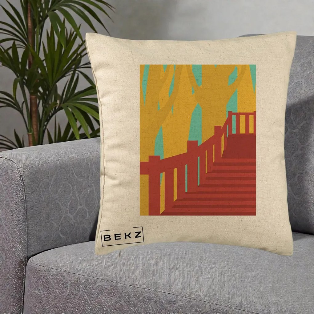 Perna Decorativa Scari Toamna Peisaj Grafic, 40x40 cm, Bej, Husa Detasabila, Perna Inclusa, BEKZ®