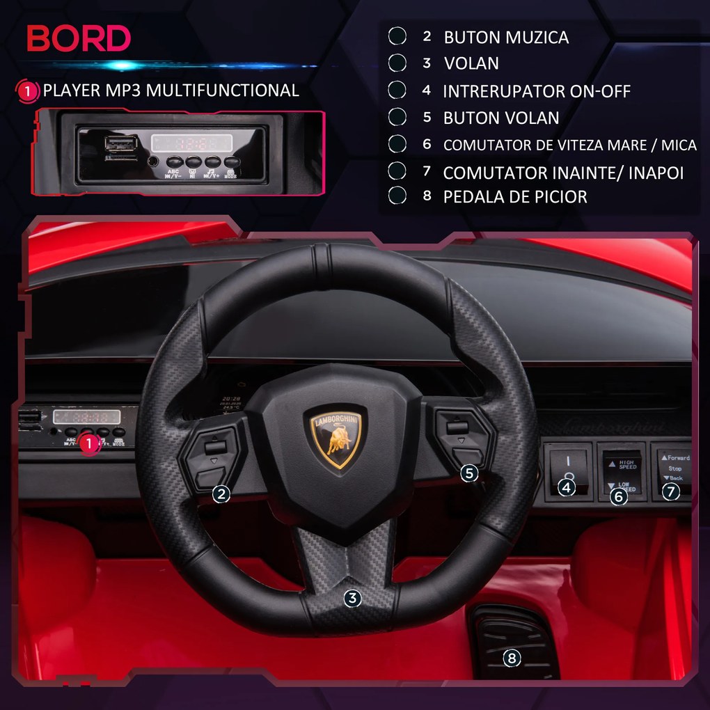 Masina electrica HOMCOM pentru copii 12V Lamborghini, telecomanda, viteza 3-8 km/h, 108x62x40cm, Rosie | Aosom Romania