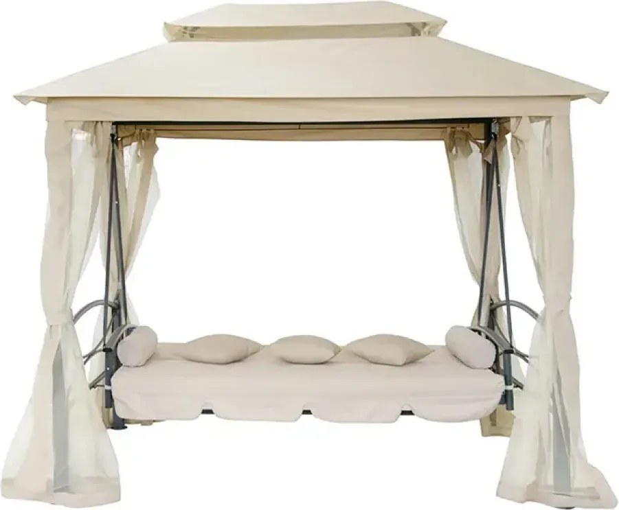 RESIGILAT-Foisor de gradină cu balansoar, canapea 3 locuri, pavilion gradina cu plasa tantari, cadru metalic, 252x175x250 cm, Bej