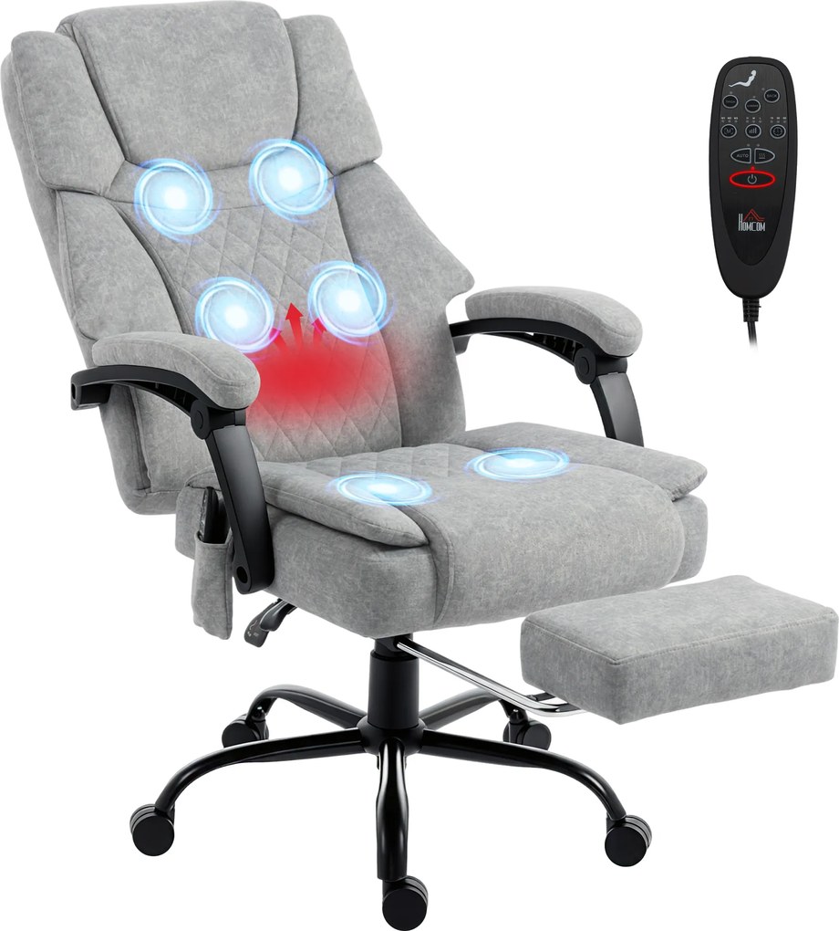 HOMCOM Scaun de birou cu spătar înalt și masaj, cu vibrații, funcție de încălzire, spătar reglabil, suport pentru picioare, telecomandă, gri | Aosom Romania