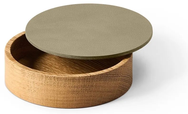Cutie de depozitare verde-în culoare naturală din lemn și din piele ecologică cu capac, decorativă ø 11x3,5 cm Circle Nupo – LIND DNA