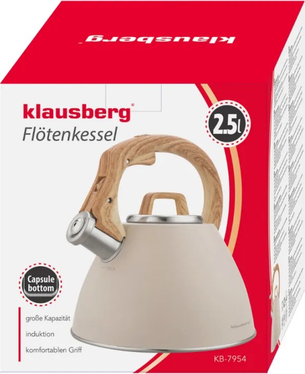 Ceainic cu fluier Klausberg KB 7954, 2,5 l, Otel inoxidabil, Maner izolat cu efect de lemn, Inductie, Bej/Maro