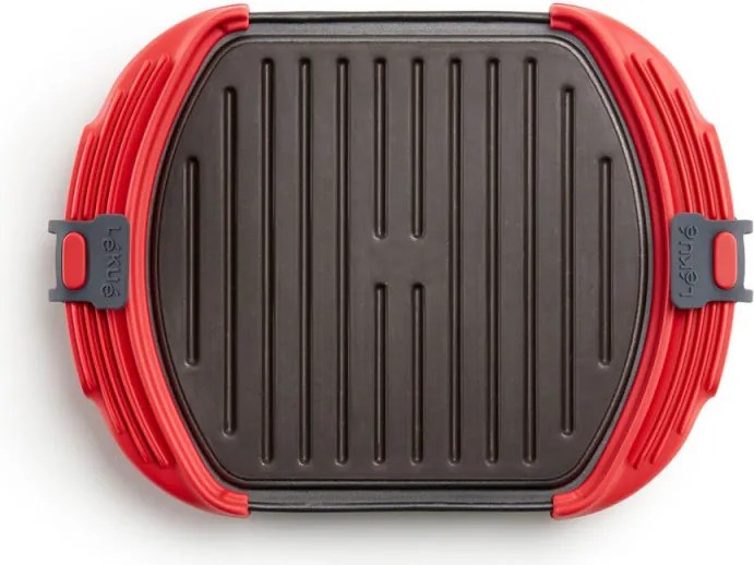 Grill pentru cuptorul cu microunde Lekue 1009082, 27x20,7,8x4,4 cm, Silicon platinat, Otel cu strat antiaderent, 0 / +240 °C, Rosu