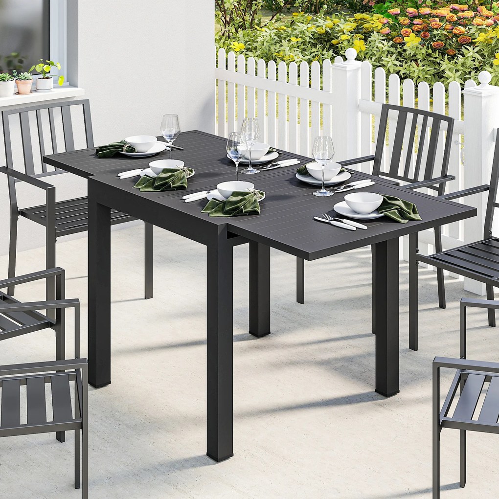 Outsunny Masă de Grădină Extensibilă pentru 4-6 Persoane 80/160x80 cm, Masă de Prânz pentru Exterior din Aluminiu cu Blat Lamelar, pentru Terasă, Balcon, Negru | Aosom Romania