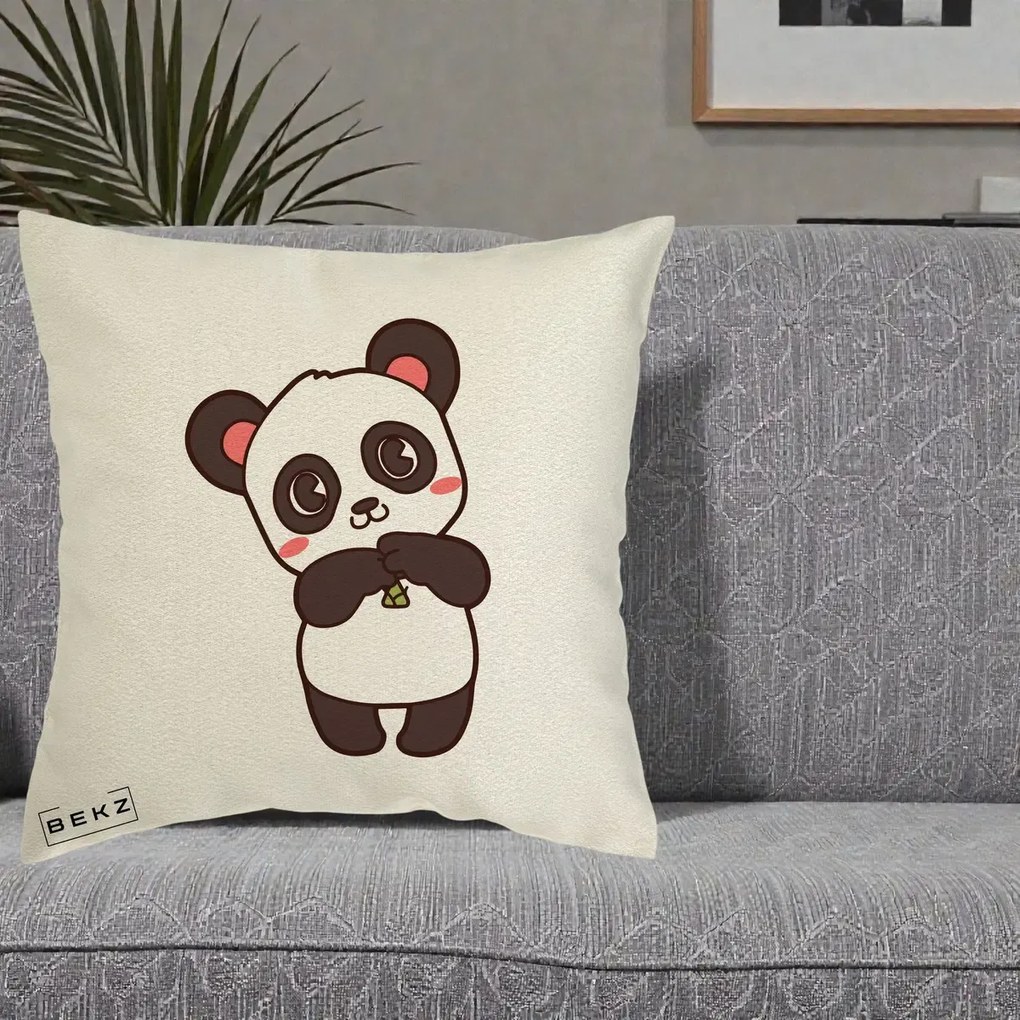 Perna Personalizata Panda Kawaii cu Bambus, 40x40 cm, Ecru, Husa Detasabila, Perna Inclusa, BEKZ®