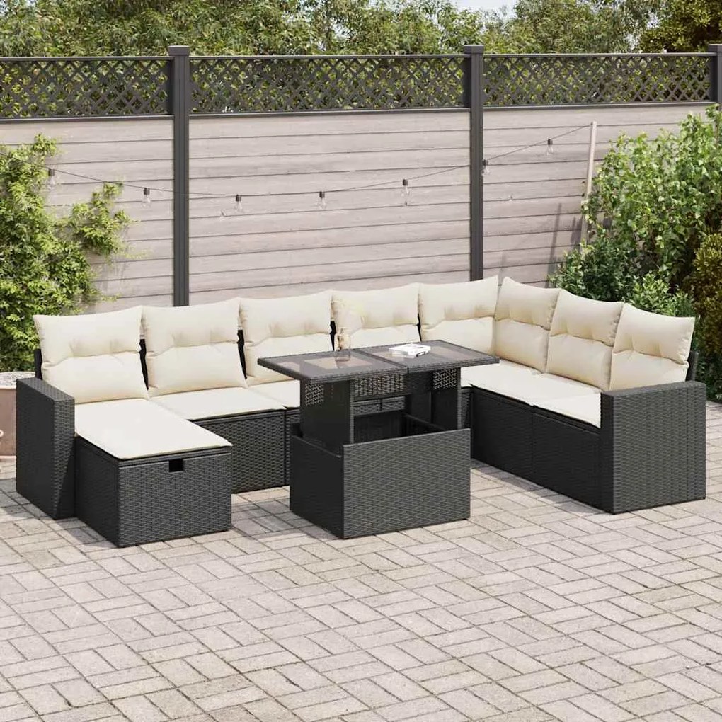 3327836 vidaXL Set mobilier de grădină cu perne, 9 piese, negru, poliratan