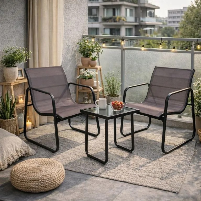 Set de relaxare pentru grădină, masă și 2 fotolii, oțel, gri