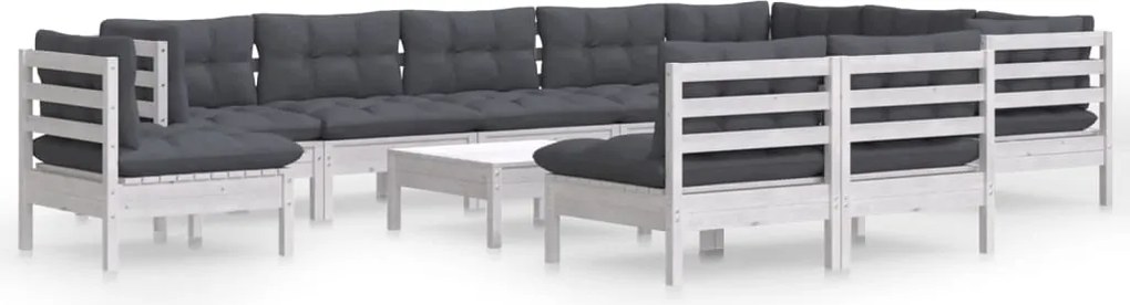 vidaXL Set mobilier grădină cu perne, 11 piese, alb, lemn masiv pin