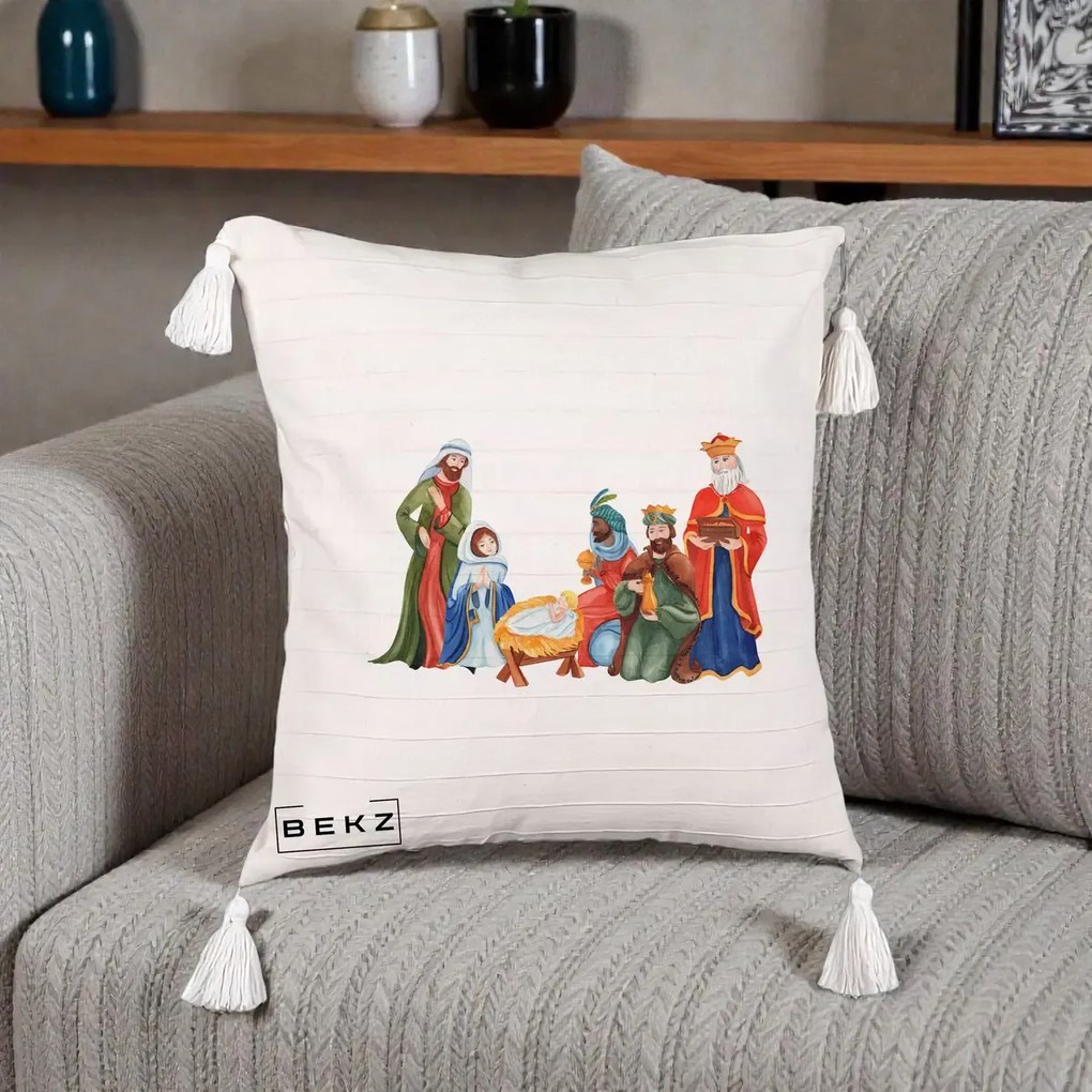 Perna Decorativa Nasterea Domnului Cei Trei Magi Acuarela, 40x40 cm, Bej cu Franjuri, Husa Detasabila, Perna Inclusa, BEKZ®