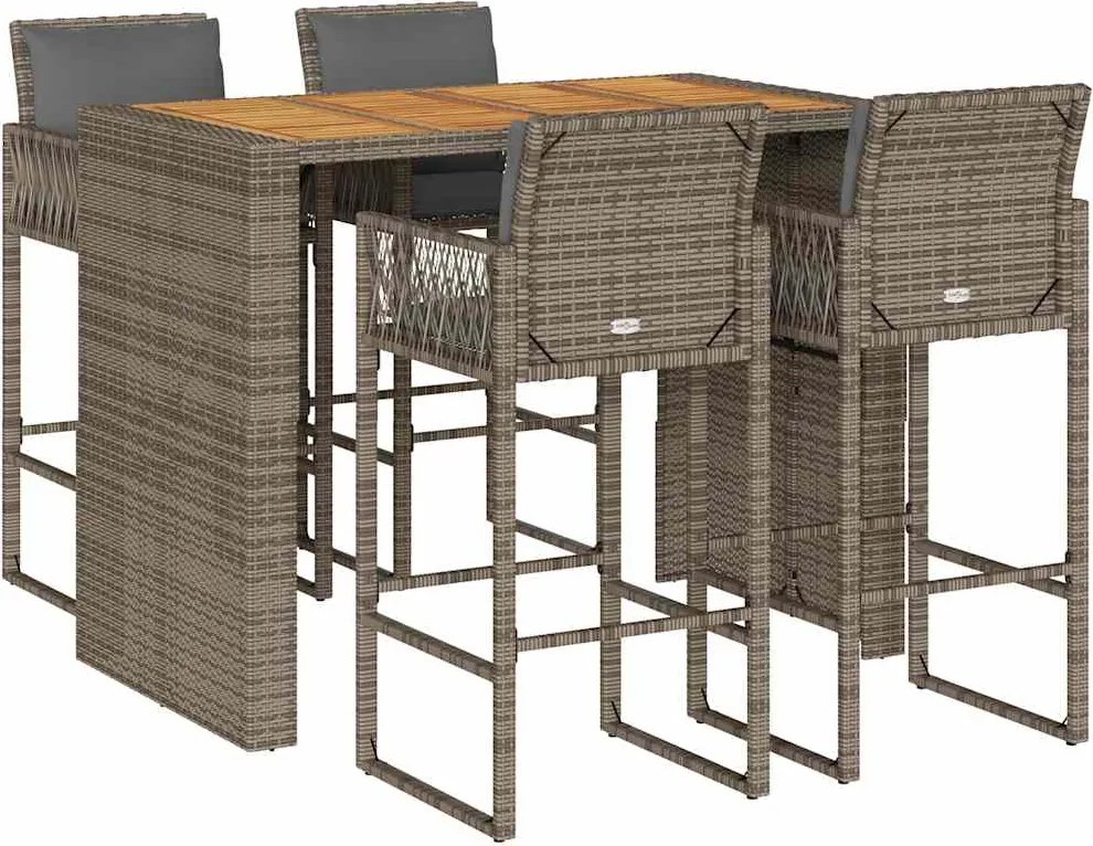 vidaXL Set mobilier bar de grădină, cu perne, 5 piese, gri, poliratan
