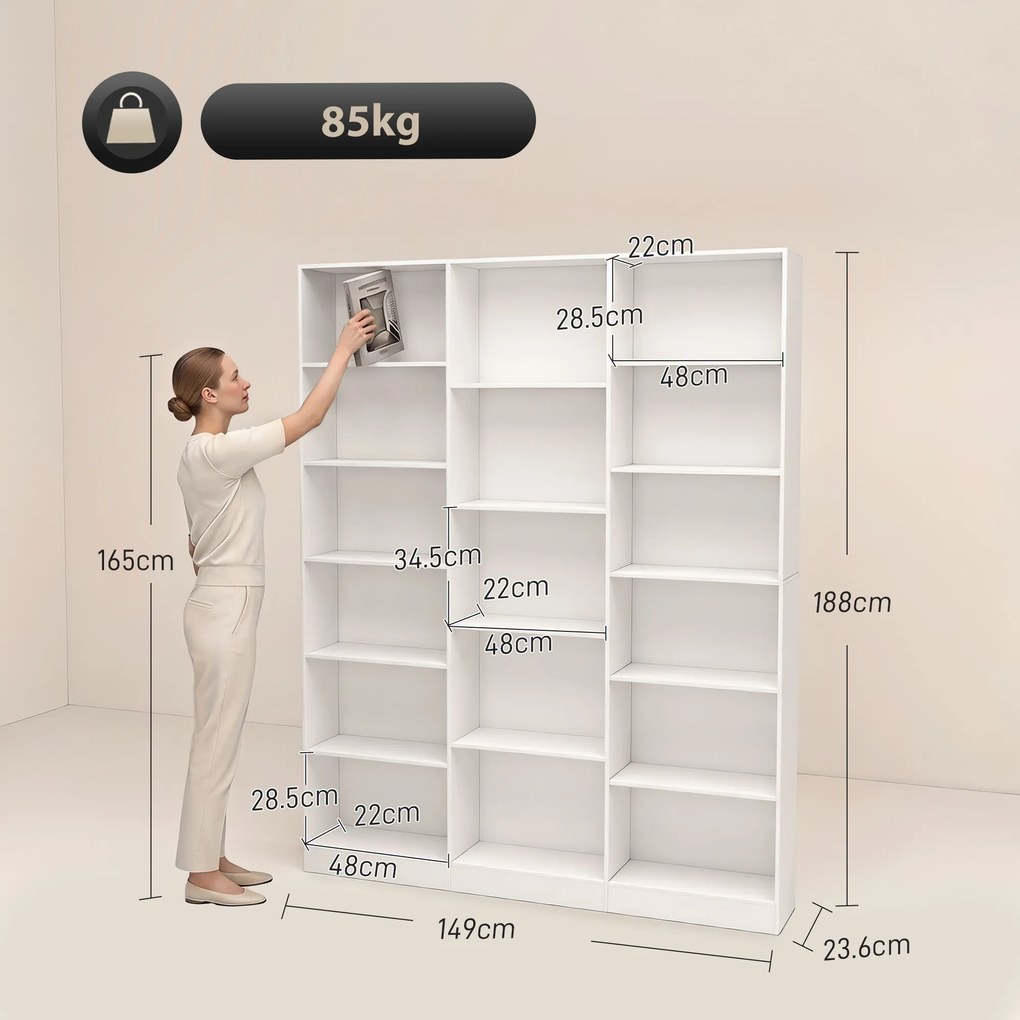 HOMCOM Bibliotecă cu Polițe Reglabile și Sistem Anti-Răsturnare din PAL, 149 x 23,6 x 188 cm, Albă | Aosom Romania