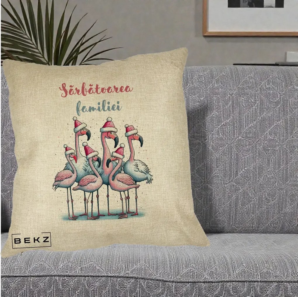 Perna Decorativa Flamingo Craciun Sarbatoarea Familiei, 40x40 cm, Crem, Husa Detasabila, Perna Inclusa, BEKZ®