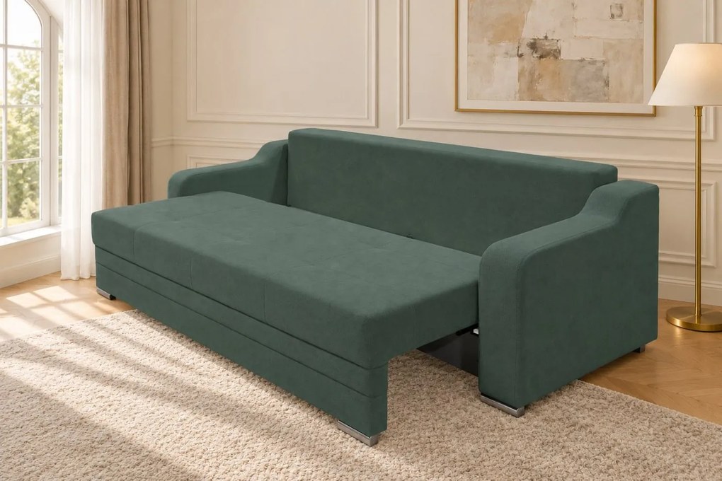 Canapea extensibilă Mirella din stofă, verde marin, cu ladă de depozitare