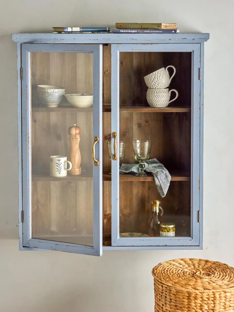 Vitrina albastra, din lemn cu aspect vintage, 3 rafturi, Hazem