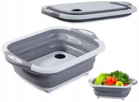 Recipient pliabil din silicon și placă de tăiat - 2 în 1 - gri