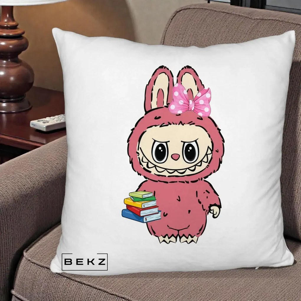 Perna Personalizata Labubu Roz cu Funda si Carti, 40x40 cm, Alb Pufos, Husa Detasabila, Perna Inclusa, BEKZ®