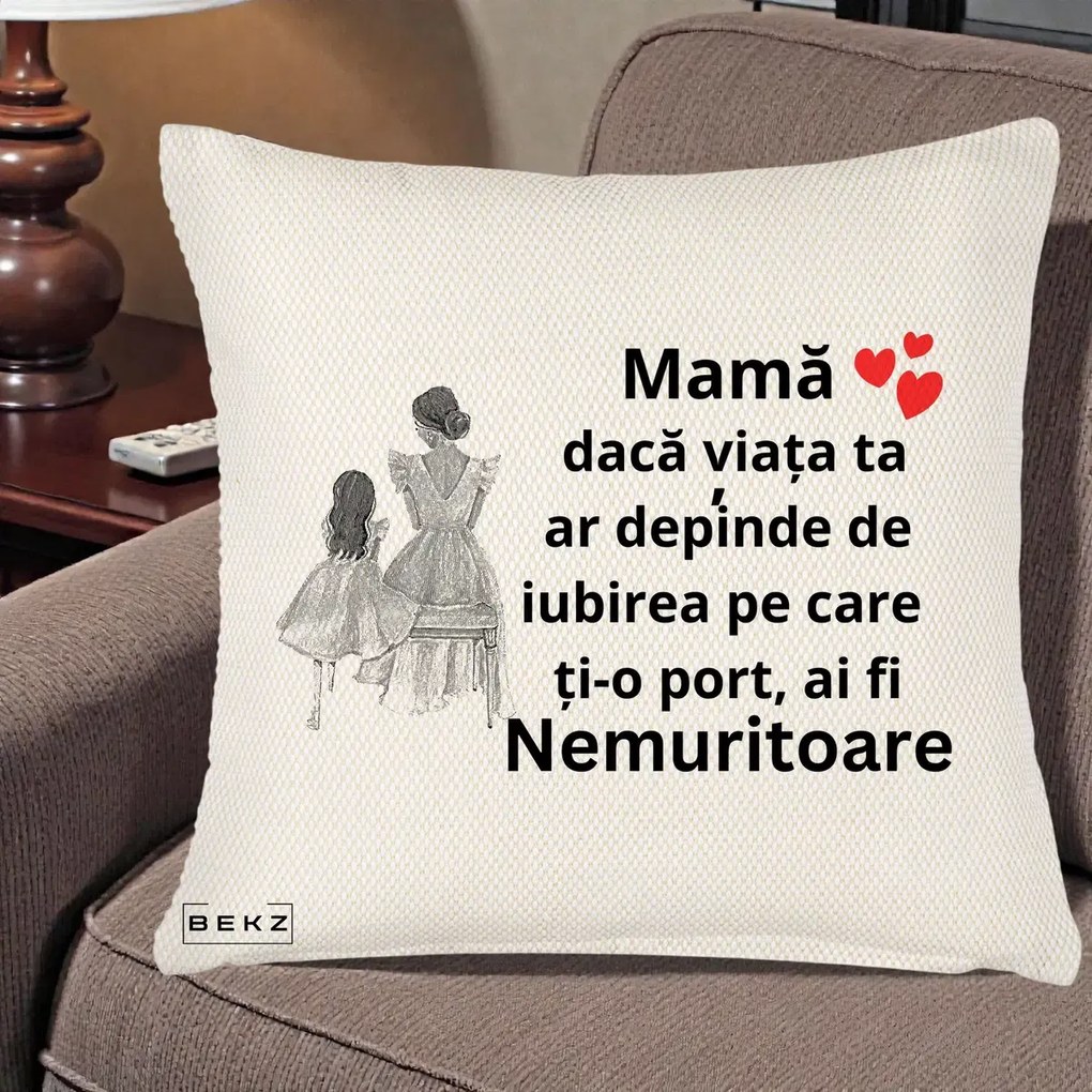 Cadou pentru Mama - Perna Personalizata Mama Nemuritoare Line Art, 40x40 cm, Crem Reliefat, Husa Detasabila, Perna Inclusa, BEKZ®